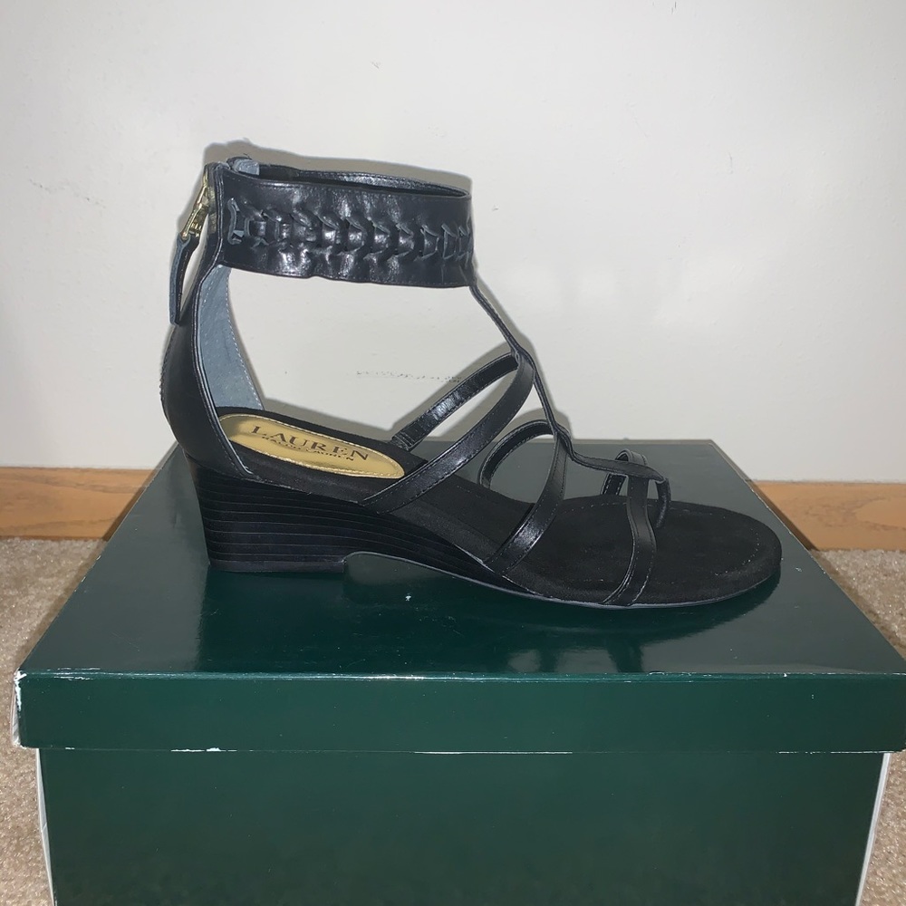 Ralph Lauren black patten leather wedged sandal
